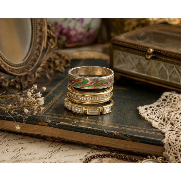 Jewelry - Rings Lot 3 Vintage Enamel Floral Gold‎ Tone CZ Stackable Baguette Channel Set